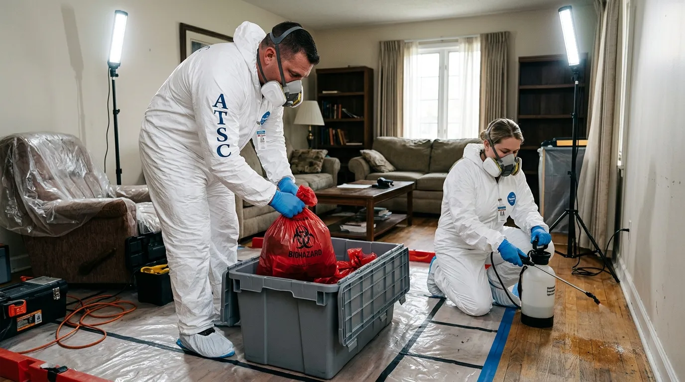 Professional Hazmat Cleanup technician in full PPE working in Brighton